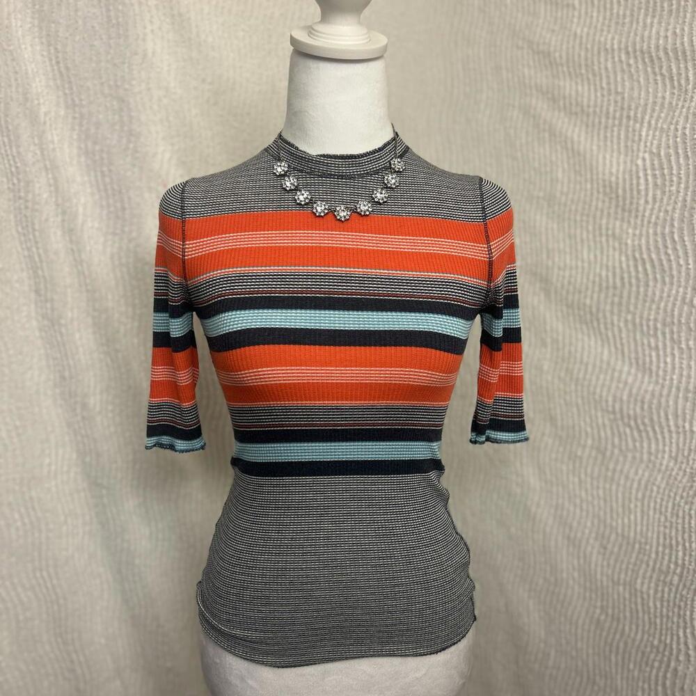Free People Donna Striped Raw Hem T Shirt Black Blue White Orange Size S